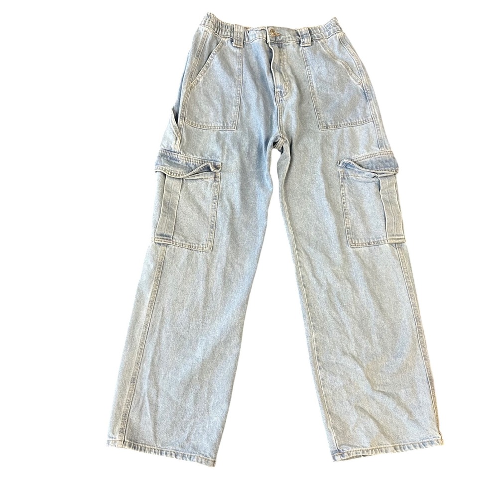 Wax Jean Collection Light Wash Cargo Denim Wide Leg Utility Pants Mens Large